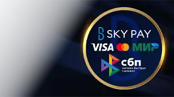 Изображение популярных платежных логотипов, таких как Visa, Mastercard и МИР, а также Sky Pay, подчеркивающее гибкость платежей в Игорный дом Еномо казино.